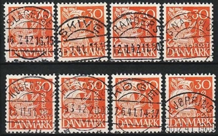 FRIMÆRKER DANMARK | 1940 - AFA 259 - Karavel 30 øre orange Type II x 8 stk. - Lux Stemplet